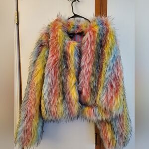 Dolls Kill Horoscopez Faux Fur Rainbow Multi Coat